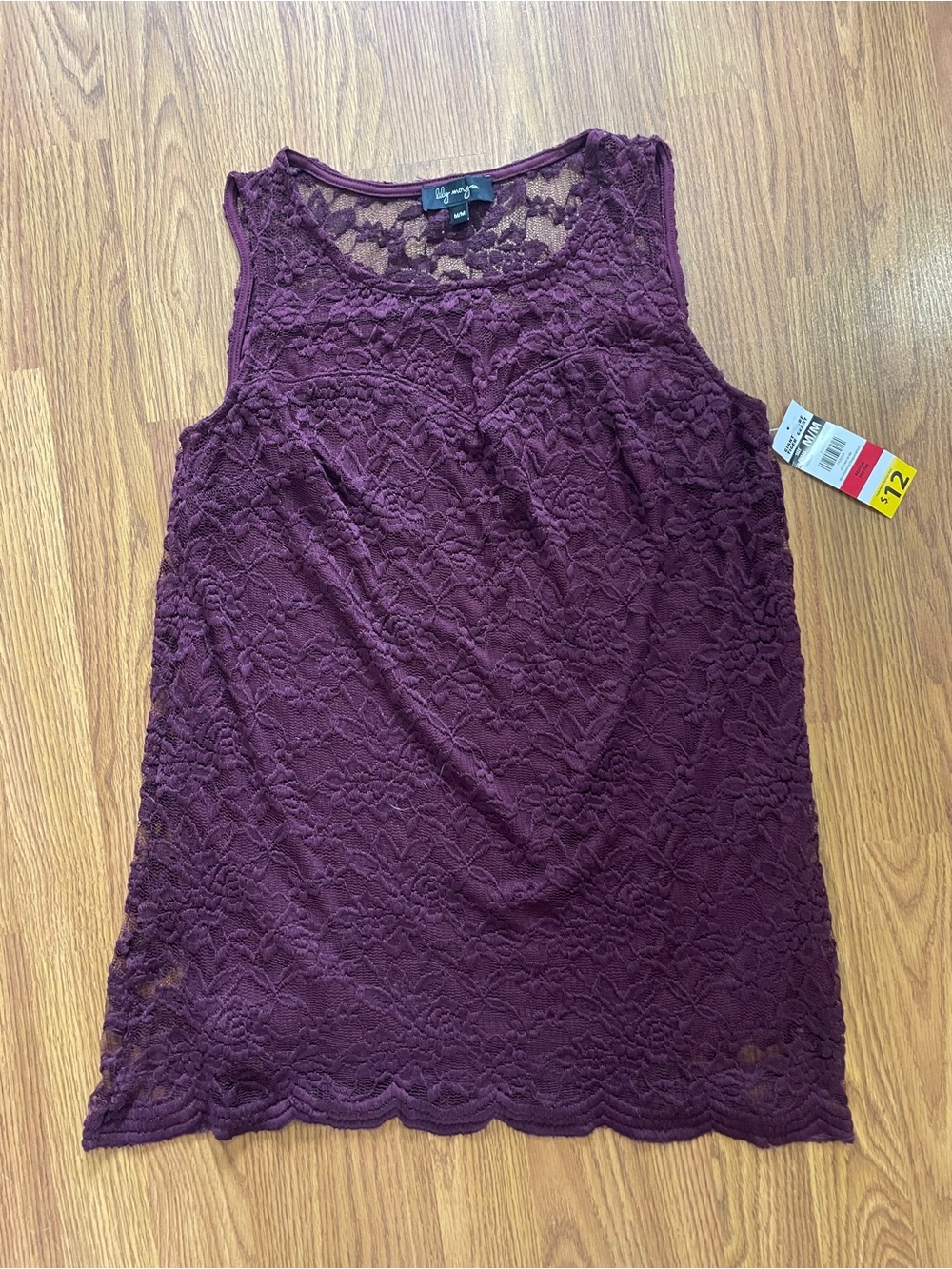 Lily Morgan women’s medium lace overlay tank, floral lace, burgundy